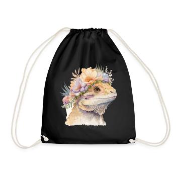 Cute Bearded Dragon Flower Crown Floral Watercolor - Drawstring Bag - black - Front