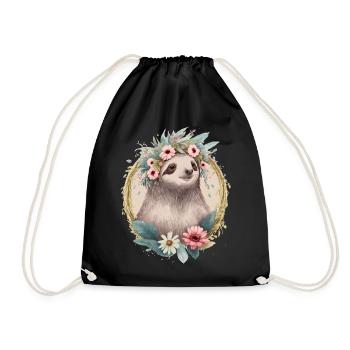 Floral Sloth Flower Crown Cute Watercolor - Turnbeutel - Schwarz - Vorne
