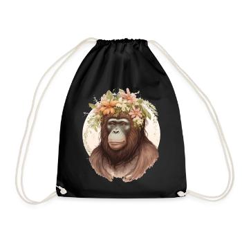 Cute Watercolor Orangutan Flower Crown Floral - Drawstring Bag - black - Front