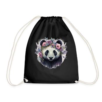 Panda Bear Flower Crown Cute Watercolor Animal Lov - Drawstring Bag - black - Front