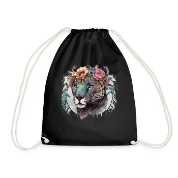 Cute Jaguar Flower Crown Africa Safari Animal Love - Drawstring Bag - black - Front
