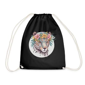 Floral Jaguar Flower Crown Watercolor Animal - Turnbeutel - Schwarz - Vorne