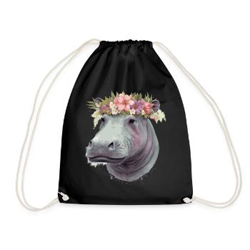 Cute Hippotamus Flower Crown Africa Safari Animal - Drawstring Bag - black - Front