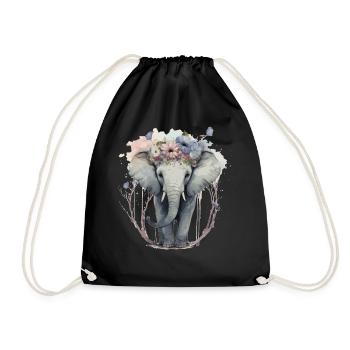 Cute Elephant Flower Crown Floral Boho Aesthetic - Drawstring Bag - black - Front