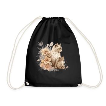 Katze Kunst Blumen Katzenmotiv - Turnbeutel - Schwarz - Vorne