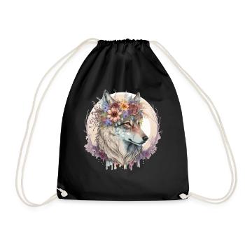 Cute Wolf Flower Crown Boho Aesthetic Animal Lover - Drawstring Bag - black - Front