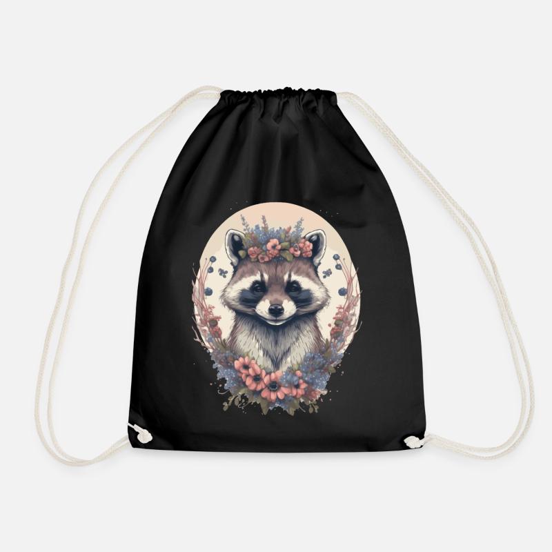 Cute Watercolor Racoon Flower Crown Boho Aesthetic - Turnbeutel - Schwarz