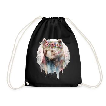 Aquarelle artistique Grizzly Bear Fleur Couronne Boho - Sac de sport léger - noir - Devant