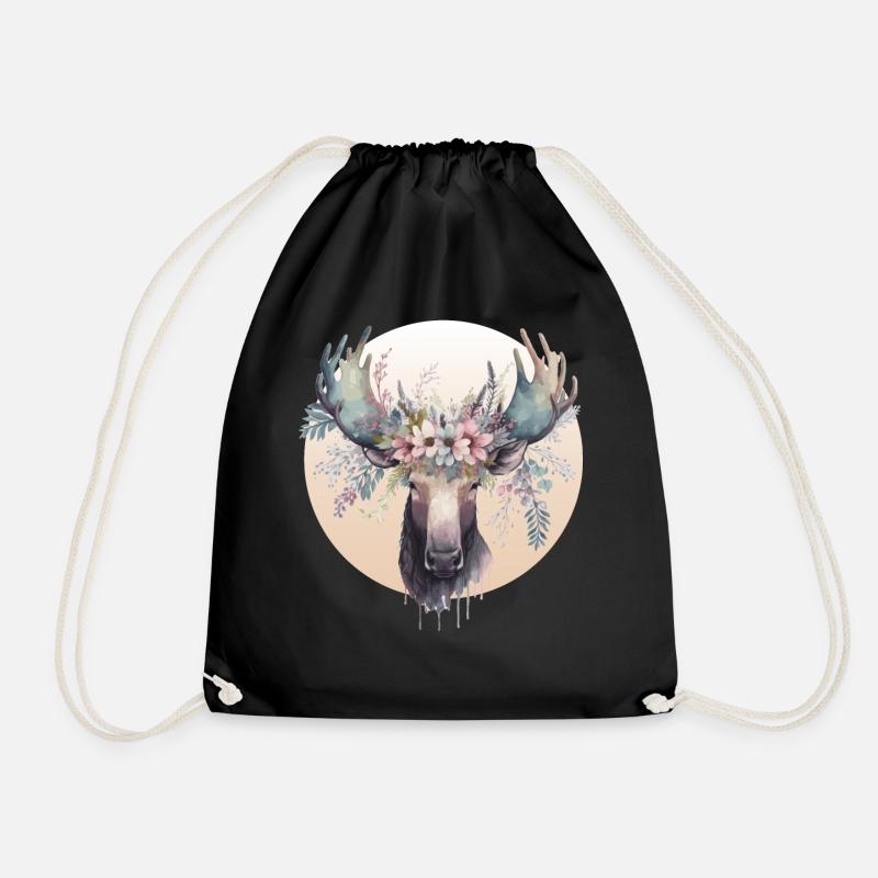 Cute Moose Flower Crown Animal Lovers - Drawstring Bag - black