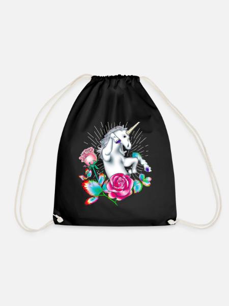Enchanted Unicorn and Floral Fantasy - Drawstring Bag - black