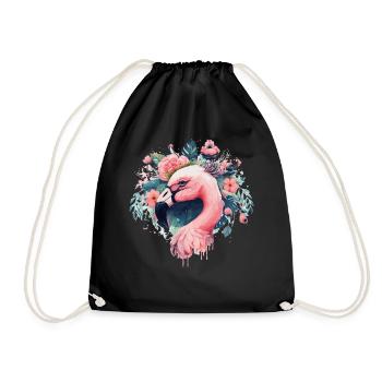 Cute Pink Flamingo Tropical Bird Flower Crown Flor - Drawstring Bag - black - Front
