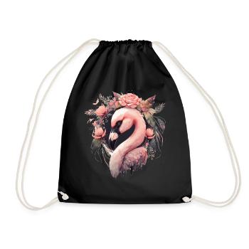 Cute Pink Flamingo Tropical Bird Flower Crown Flor - Drawstring Bag - black - Front
