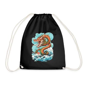 Asiatisch Drache Anime Japanisch Meer Wellen - Turnbeutel - Schwarz - Vorne
