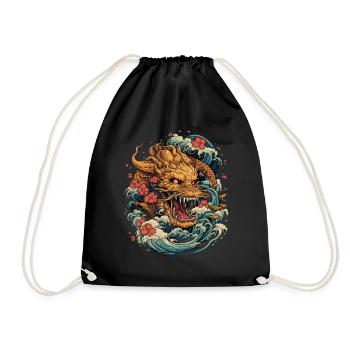 Asiatisch Drache Anime Japanisch Meer Wellen - Turnbeutel - Schwarz - Vorne