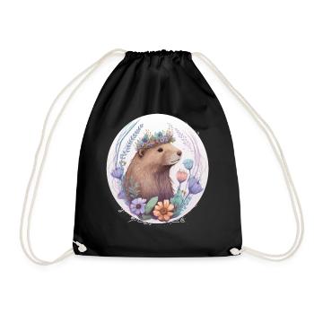 Cute Watercolor Beaver Flower Crown - Drawstring Bag - black - Front
