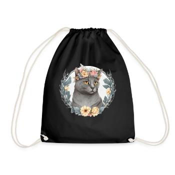 Mignon Chartreux Cat Fleur Couronne Chats Chaton de compagnie - Sac de sport léger - noir - Devant