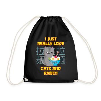 Anime Cat with Ramen Love Cats and Ramen - Drawstring Bag - black - Front