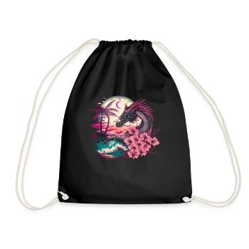 Dragon Vaporwave Abstract Landscape Moon Tree - Drawstring Bag - black - Front