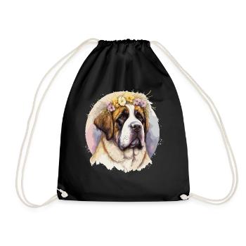 Cute St. Bernard Flower Crown Pet Dog Breed Floral - Drawstring Bag - black - Front
