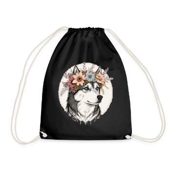 Cute Siberian Husky Flower Crown Pet Dog Breed Flo - Drawstring Bag - black - Front
