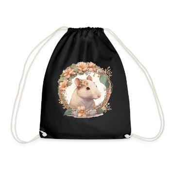 Watercolor Flower RatChinese Zodiac Animal Sign - Drawstring Bag - black - Front
