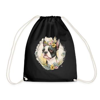Cute Boston Terrier Flower Crown Pet Dog Breed Flo - Drawstring Bag - black - Front