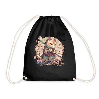 Samurai Cat Kawaii Japanese Ninja Cat - Drawstring Bag - black - Front