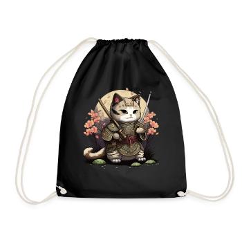 Samurai Cat Kawaii Japanese Ninja Cat - Drawstring Bag - black - Front