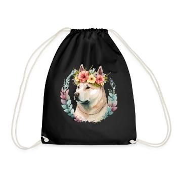 Cute Akita Inu Dog Flower Crown Pet Dog Breed Flor - Turnbeutel - Schwarz - Vorne
