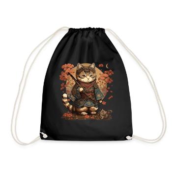 Samurai Cat Kawaii Japanese Ninja Cat - Drawstring Bag - black - Front
