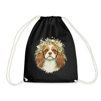 Cute Cavalier King Charles Spaniel Flower Crown Do - Drawstring Bag - black - Front