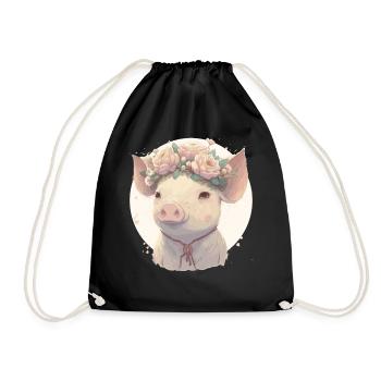 Cute Watercolor Flower Pig Chinese Zodiac Animal S - Drawstring Bag - black - Front