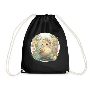 Cottagecore Cute Baby Chicken Kawaii Chick Floral - Drawstring Bag - black - Front