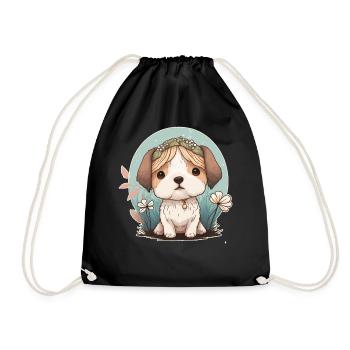 Cute Cottagecore Baby Dog Flower Crown Kawaii Pupp - Drawstring Bag - black - Front