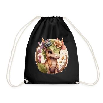 Cottagecore Cute Baby Dragon Floral Fantasy Pet Fl - Drawstring Bag - black - Front