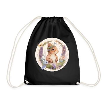 Cottagecore Cute Baby Squirrel Rodent Watercolor F - Drawstring Bag - black - Front