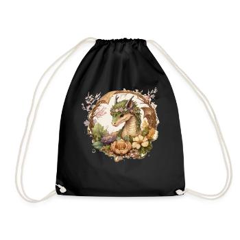 Cottagecore Dragon Cute Fantasy Anime Flower - Drawstring Bag - black - Front