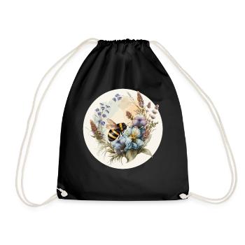 Cute Cottagecore Botanic Wildflower Bumblebee Wate - Drawstring Bag - black - Front