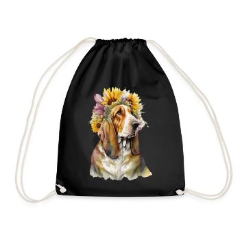 Cute Basset Hound Sunflower Dog Breed Pet Puppy - Drawstring Bag - black - Front
