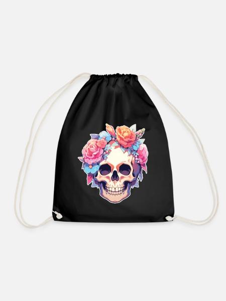 Skulls Skull Blumen Blumenschädel Totenschädel - Turnbeutel - Schwarz