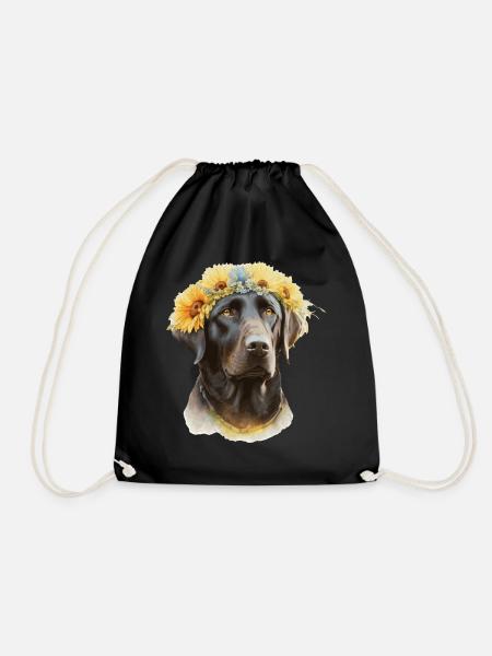 Watercolor Black Labrador Retriever Sunflower Dog - Drawstring Bag - black