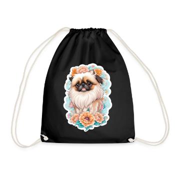 Pekingese dog with flower wreath motif - Drawstring Bag - black - Front
