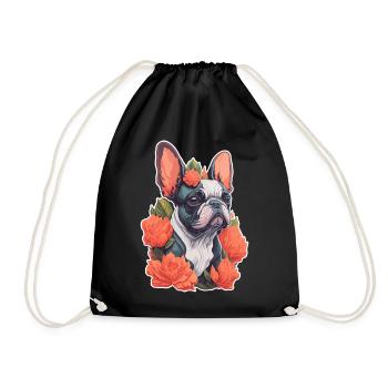 French bulldog on flower wreath motif - Drawstring Bag - black - Front