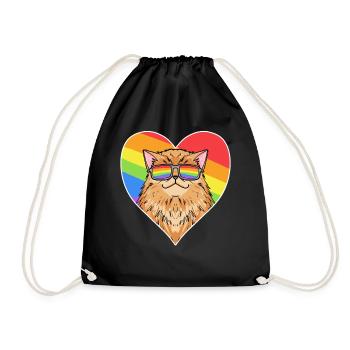 Regenbogen - Katze Perserkatze mit Brille und Herz - Turnbeutel - Schwarz - Vorne