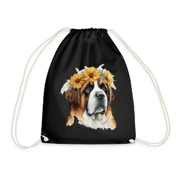 Cute St Bernard Sunflower Dog Breed Pet Puppy - Drawstring Bag - black - Front