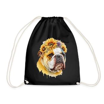 Cute Bulldog Sunflower Dog Breed Pet Puppy - Drawstring Bag - black - Front