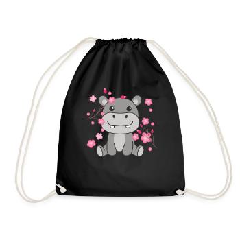 Hippo Cute Animals for Kids Kawaii - Drawstring Bag - black - Front