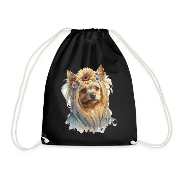 Cute Yorkshire Terrier Sunflower Dog Breed Pet Pup - Drawstring Bag - black - Front