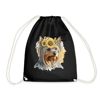 Cute Yorkshire Terrier Sunflower Dog Breed Pet Pup - Drawstring Bag - black - Front