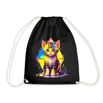 Rainbow Kitty - painted with geometries - Drawstring Bag - black - Front
